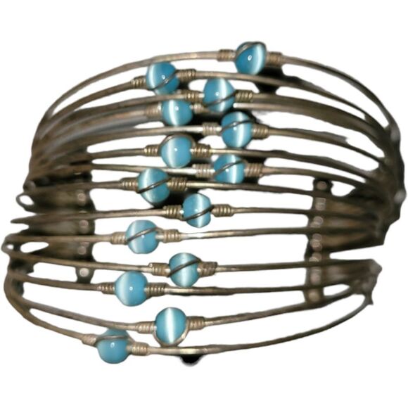Copper Wires With Turquoise Blue Beads Cuff Bracelet Medium - Picture 2 of 6